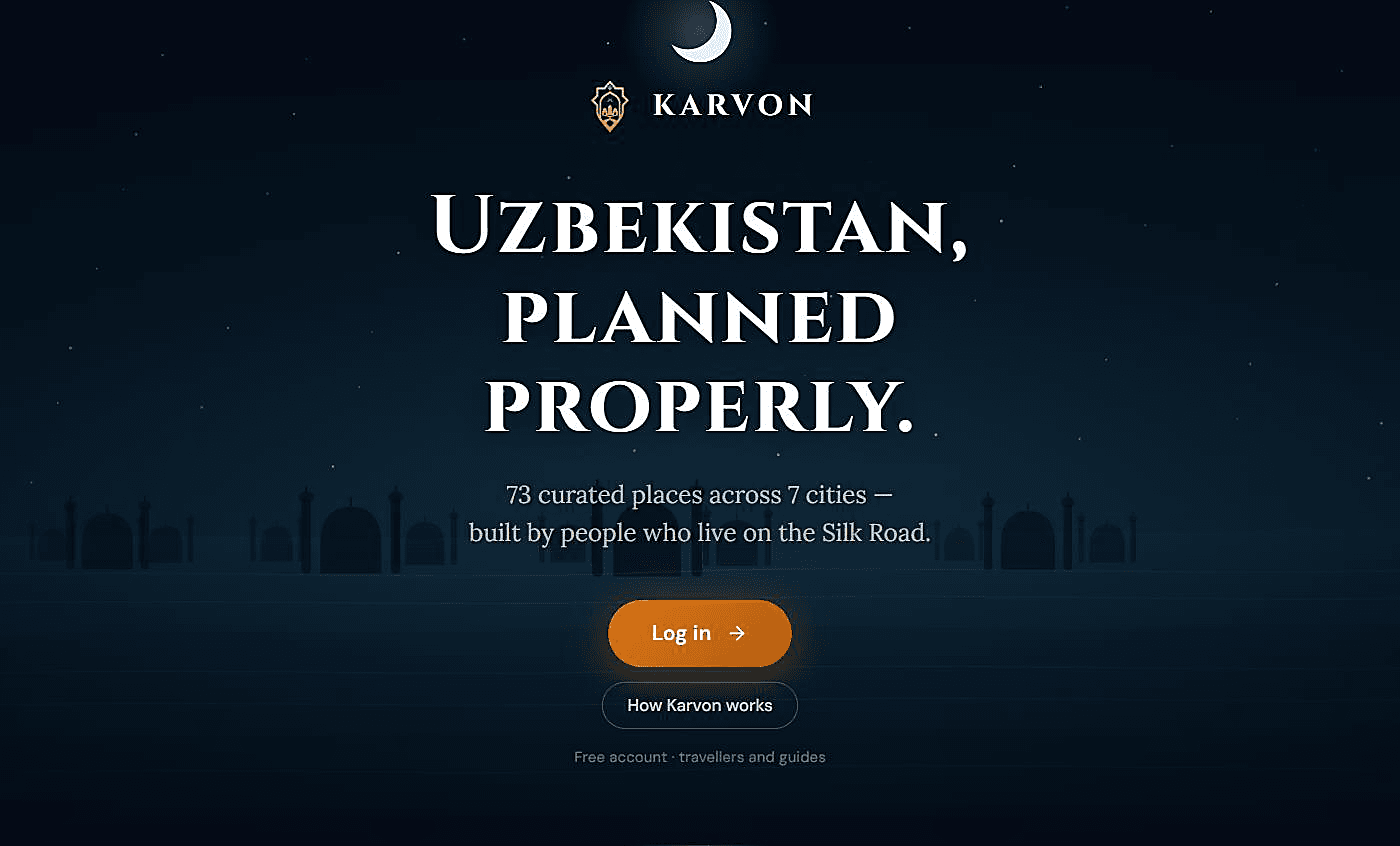 Karvon home page — a night sky over Uzbek architecture, with "Uzbekistan, planned properly" and a Log in button