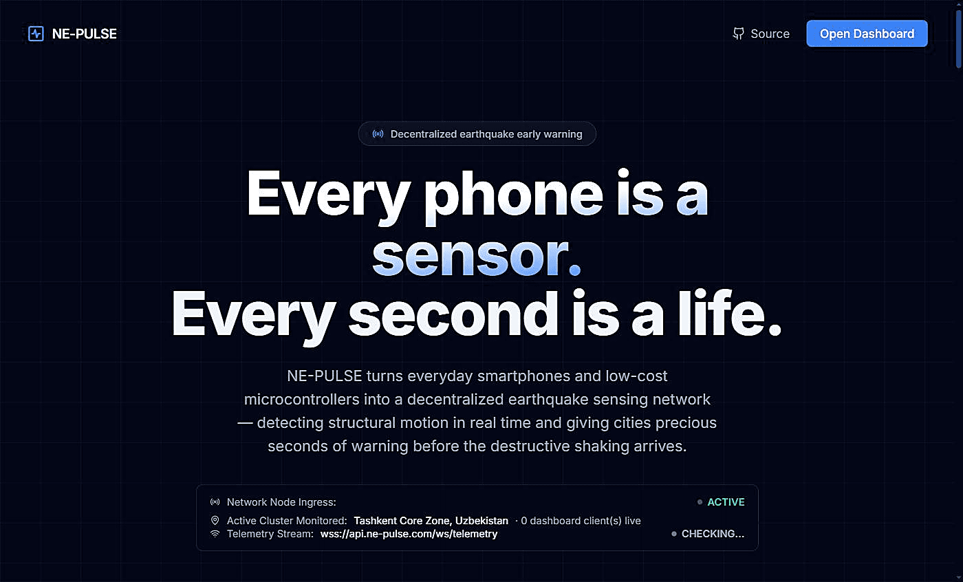 Ne-pulse home page — "Every phone is a sensor" headline over a live network telemetry panel