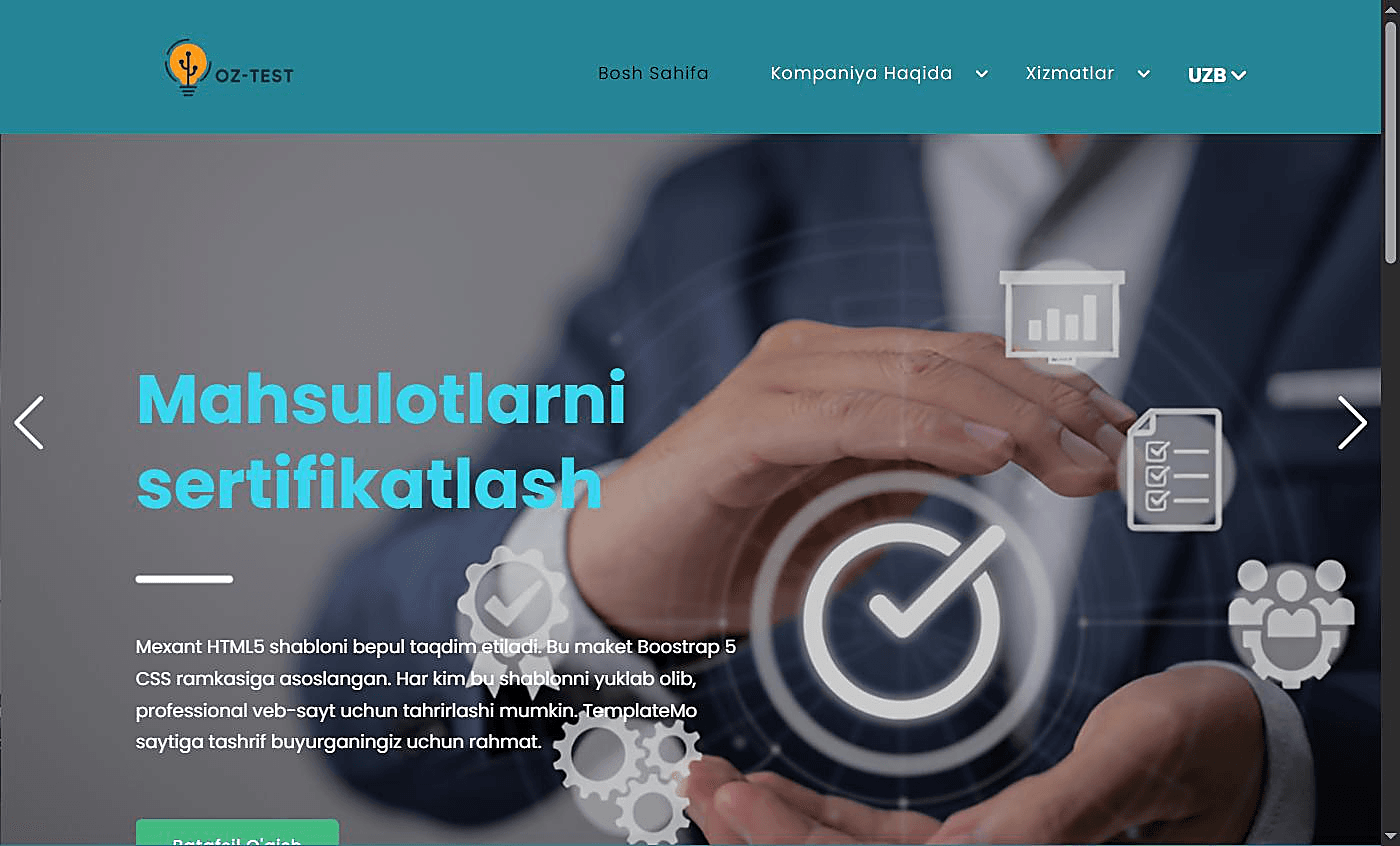 oz-test.uz home page — "Mahsulotlarni sertifikatlash" (Product certification) hero over a services carousel